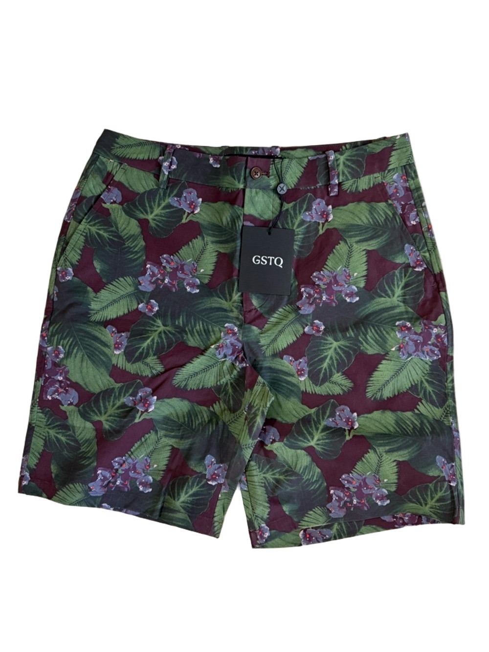 GSTQ Burgundy Floral Jungle Stretch Chino Shorts Size 32